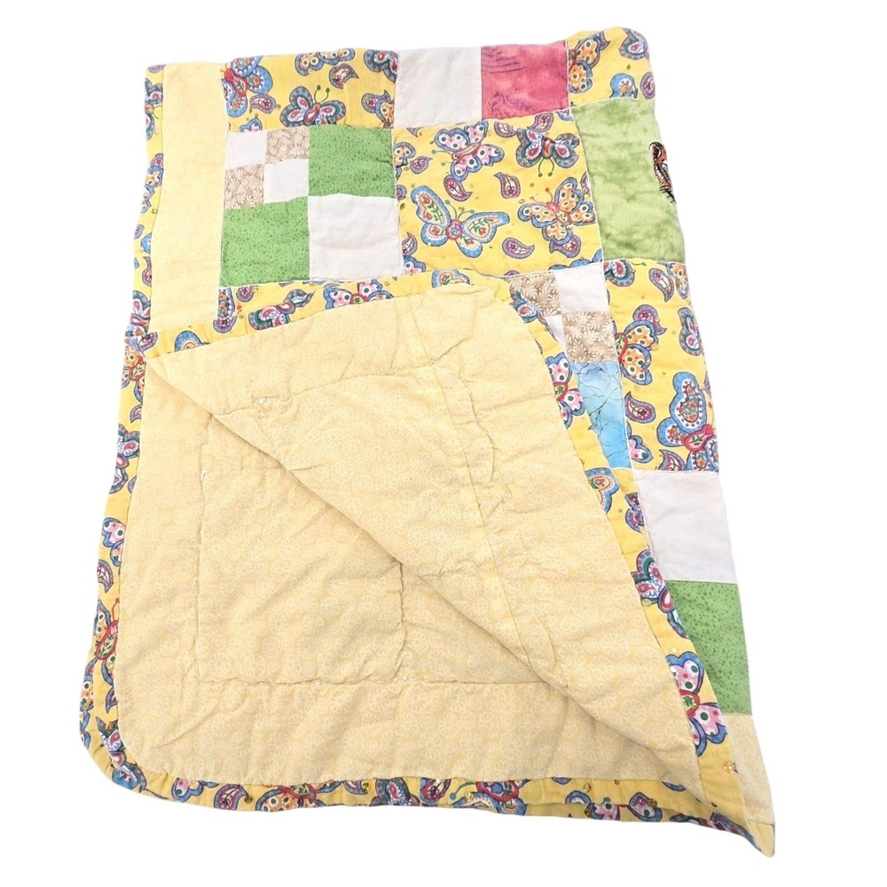 Vintage 70s 80s Handmade Baby Quilt Donald Duck Butterfly Patchwork 33x44